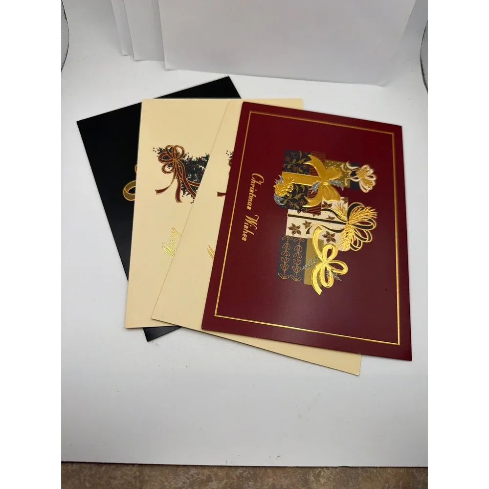 Assorted Christmas Holiday Greeting Cards Gold Foil Sleigh Ornaments Set of 4